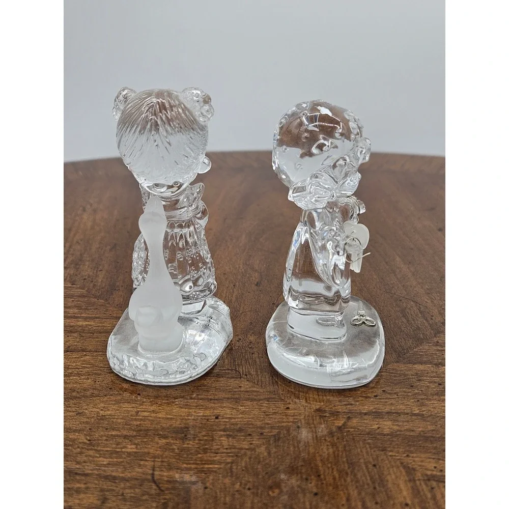 Precious Moments Lead Crystal Figurine Set Boy with Hearts Girl with Goose Clear